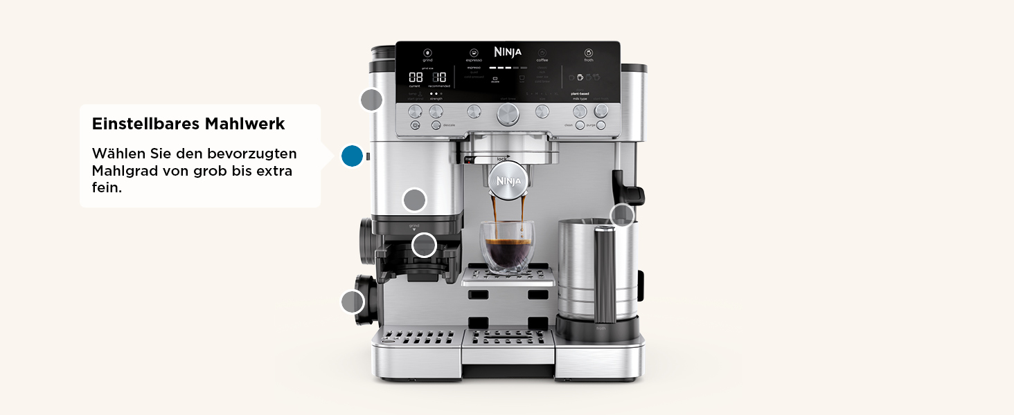 Ninja Luxe 2-в-1 кавомашина з вбудованим млином та капучинатором для лате, капучино та еспресо, срібна, ES501EU (Premier)