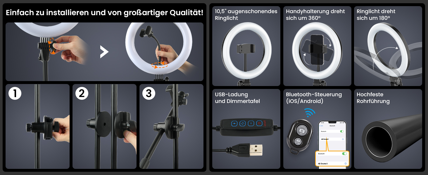 Настільний штатив з кільцевим світлом – подвійний тримач для 2 смартфонів, регульоване кільцеве світло з металевим штативом, 10.5' для коучингу/фуд-блогерів/влогів/мейк-апу/DIY