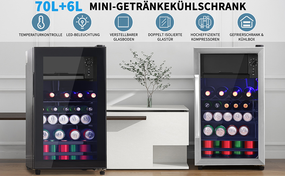 Холодильник Merax Freistehend 120L з морозильником 8L, LED-підсвічуванням та регульованими полицями. Чорний колір. Підходить для ресторану, бару, напоїв та пива.