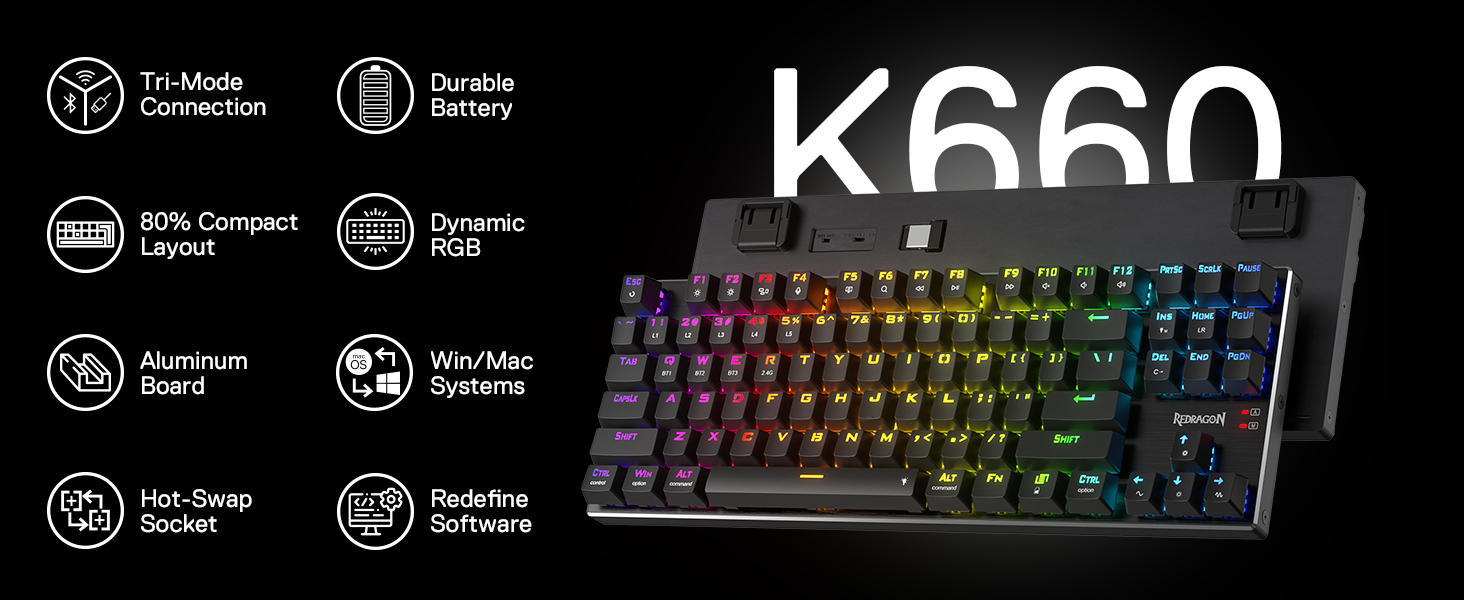 Redragon K660 RGB-ігрова клавіатура: 87 клавіш, TKL, механічна, з підсвічуванням, з алюмінієвою основою та тихими червоними перемикачами