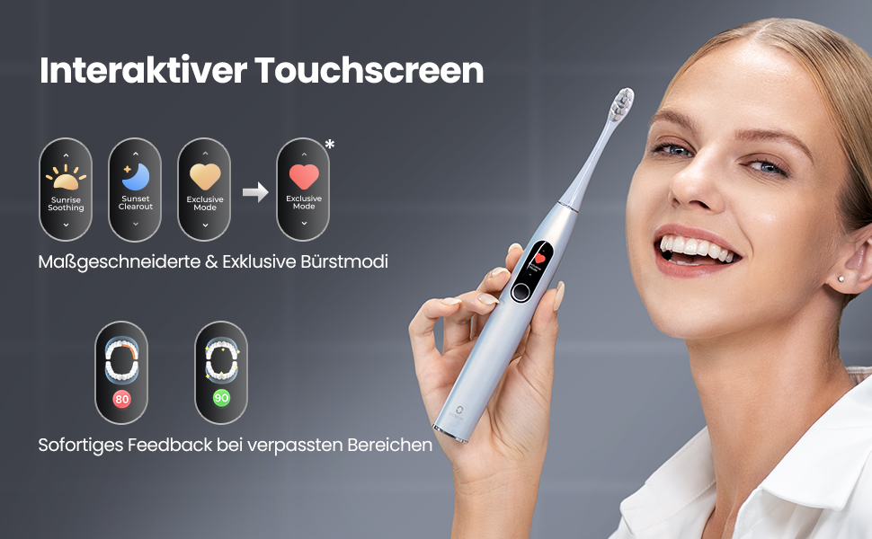 Електрична зубна щітка Oclean X Pro Digital з 4 насадками та кейсом для подорожей, звукова, з кольоровим дисплеєм, 3 режими, відстеження 8 ділянок, таймер, APP, срібляста