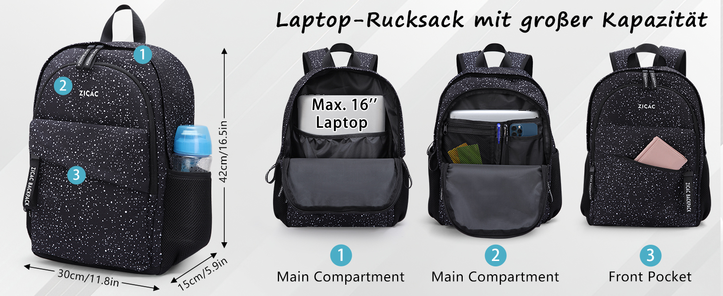 Рюкзак Zicac для чоловіків та жінок, Casual рюкзак для ноутбука 16 дюймів, легкий шкільний рюкзак для учнів та студентів, Daypack, рюкзак для подорожей, універсітету, школи, ділових поїздок, чорний