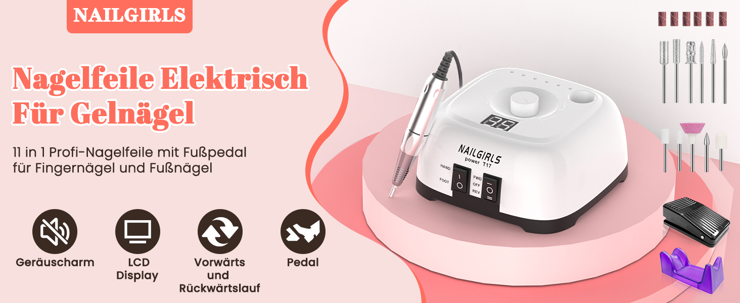 Електричний фрезер для нігтів NAILGIRLS 11 в 1 з педалем, 35000 об/хв - манікюр та педикюр