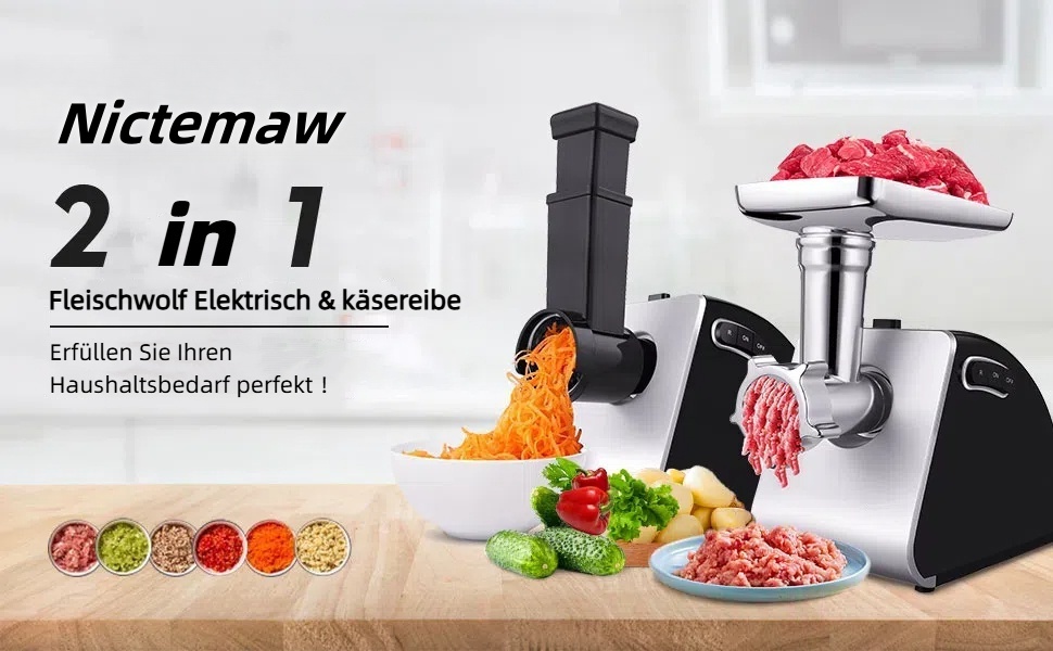 М'ясорубка електрична 2000 Вт з насадкою для ковбас, нержавіюча сталь, 3 диски, чорно-срібна – для дому