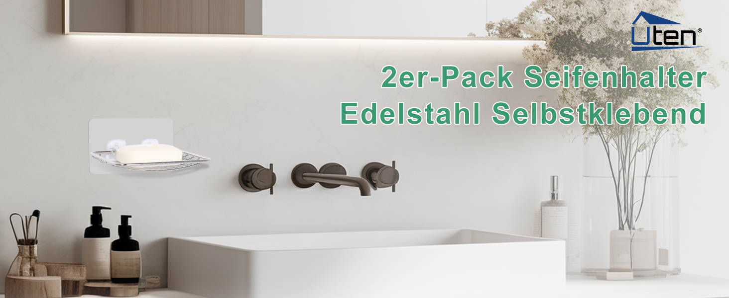 Тримач для мила без свердління Uten, нержавіюча сталь, самоклеючий, з 2 гачками, для ванної, кухні (сріблястий, овальний, 2 шт.)