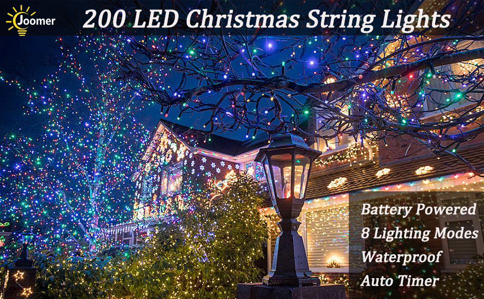 Льомкорічка Joomer на Різдво, 20 метрів, 200 LED, на батарейках, з таймером, 8 режимів, для прикраси ялинки, балкона, кімнати, вечірки, весілля, фестивалю, тепле біле світло, вологостійка, кольорові прозорі дроти