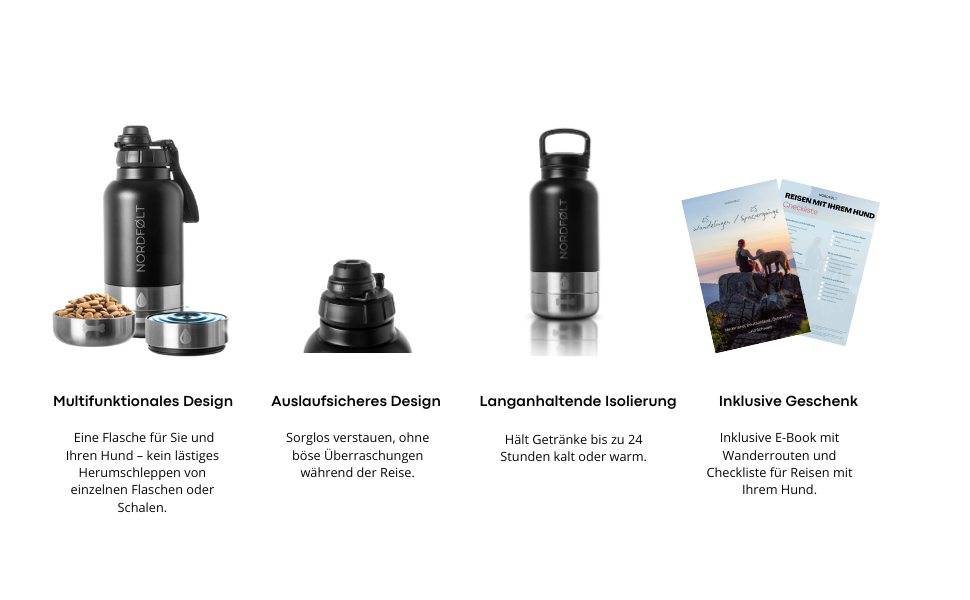 Водяна пляшка для собак на прогулянці 4-в-1, 950 мл, з мисками для води та корму, з нержавіючої сталі, BPA-Free