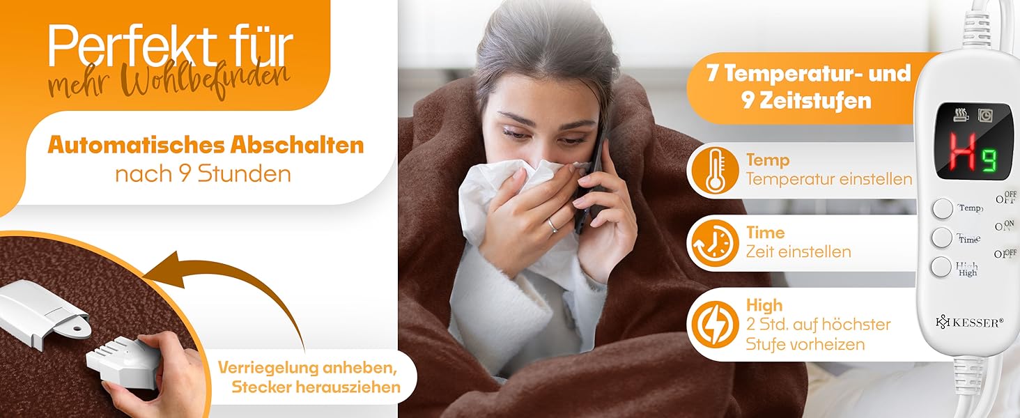 Електрична грілка KESSER® з плюшу 180x130 см сірого кольору | з таймером та автовимкненням | тепла та затишна ковдра | 9 температурних режимів | прання до 40°C | цифровий дисплей