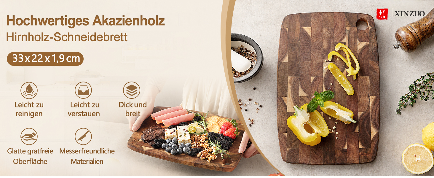 XINZUO 33 * 22 * 1.9cm Acacia Wood Brainwood Cutting Board, Double-Sided, Wooden Board Kitchen Chopping Boards, Serving Board, Bread & Snack Board, Breakfast Board for Bread, Cheese, Meat, Vegetables