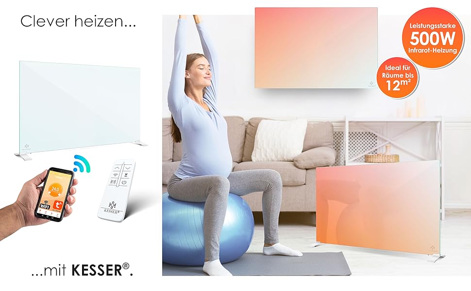 Інфрачервовий обігрівач KESSER® з функцією 2 в 1: підлоговий та настінний. Енергозберігаючий склокерамічний обігрівач з дистанційним керуванням, термостатом, детектором відчинених вікон та керуванням через додаток. Потужність 500W, білий колір.