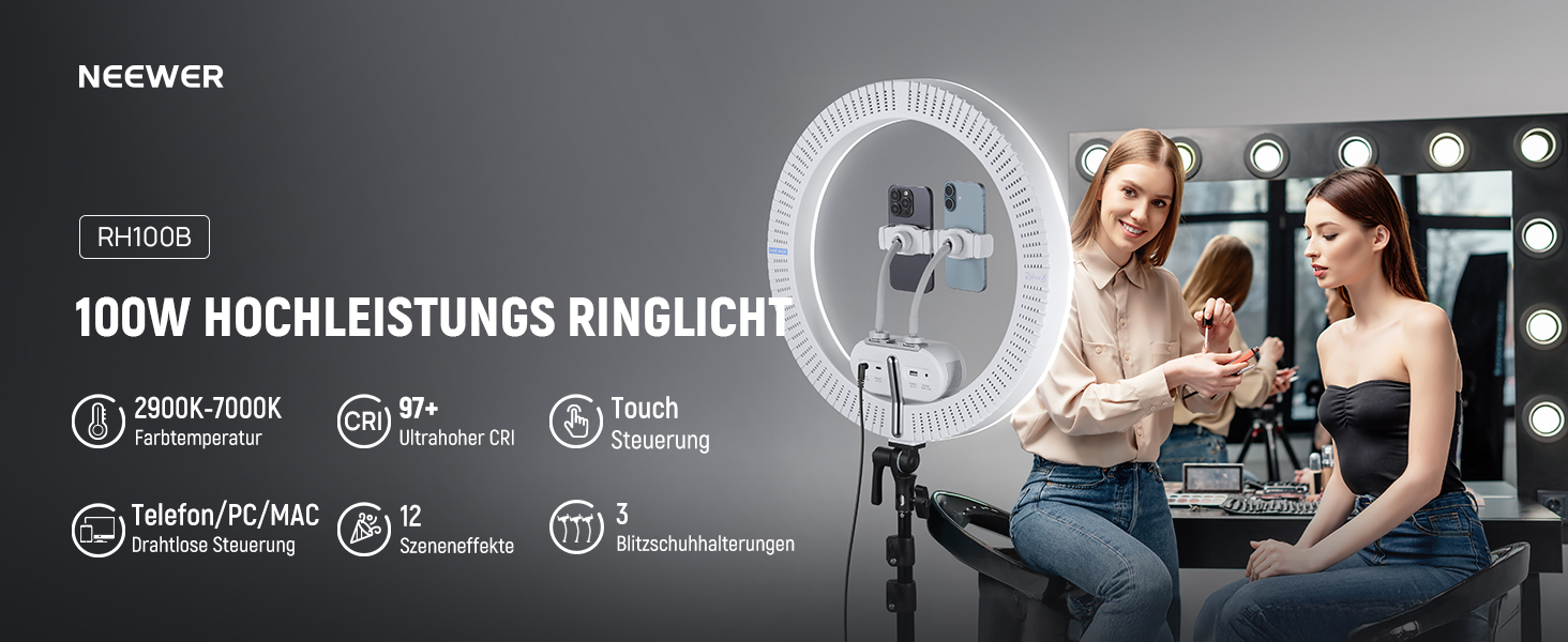 NEEWER Комплект кільцевого світла для фото та відео: 48 см, 52 Вт, регульоване LED, штатив, Bluetooth, для смартфона, YouTube, селфі (RH100B)