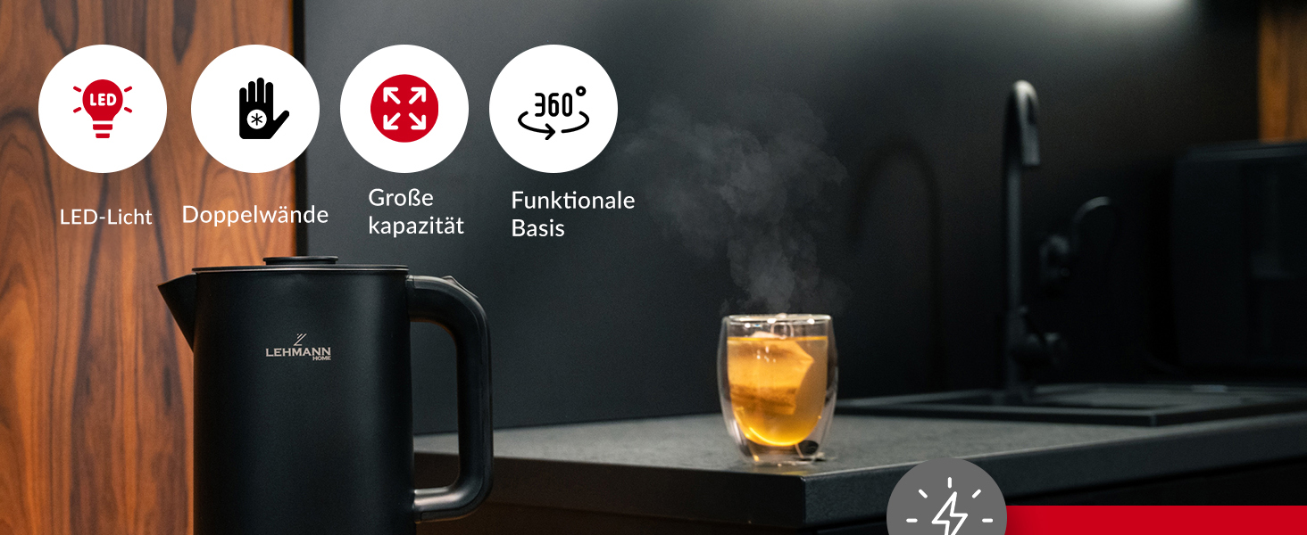 Електричний чайник LEHMANN з нержавіючої сталі 1,7л, 2200W, швидкий нагрів, подвійні стінки, автовимкнення та захист від перегріву, BPA-free, для дитячого харчування, чаю та кави, чорний