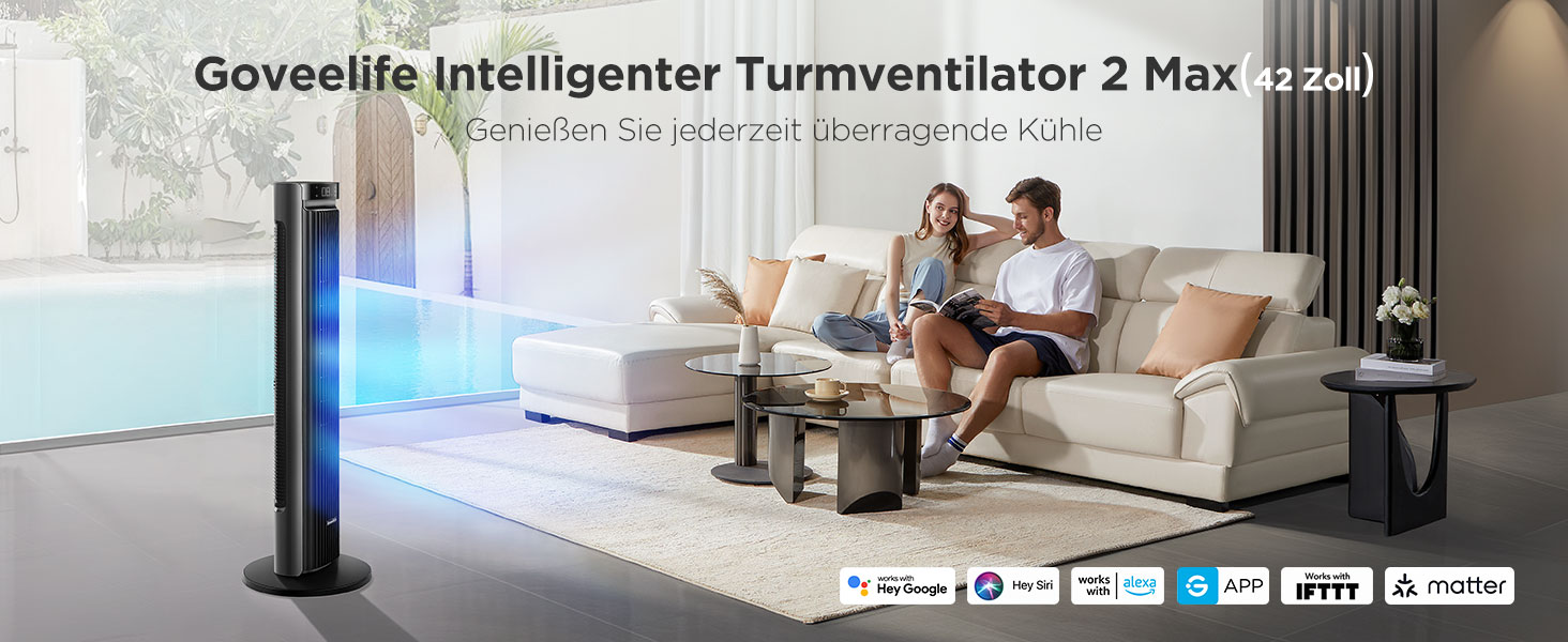 GoveeLife вентилятор Leiser: 12 швидкостей, 8 м/с, 5 режимів, таймер, осциляція 150°, керування через додаток/голос, чорний матовий