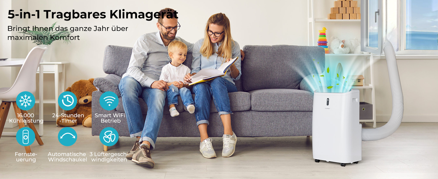 Мобільний кондиціонер COSTWAY 14000 BTU з виносним шлангом. 5-в-1: охолодження, обігрів, осушення, вентиляція, нічний режим. Для приміщень до 135 м³, пульт/додаток, таймер 24h, 4100W, ≤57dB, білий