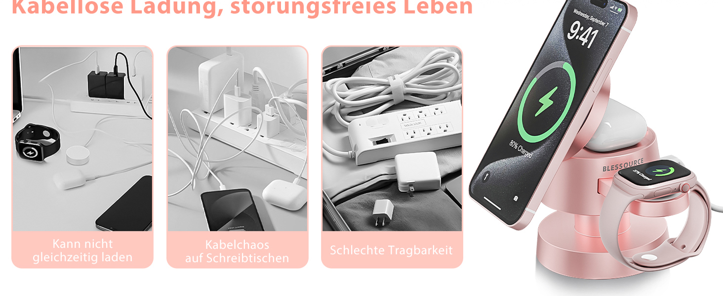 Бездротова зарядка 4-в-1 для iPhone 17/16/15/14 Pro Max з нічним світлом, сумісна з Apple Watch та AirPods, рожева