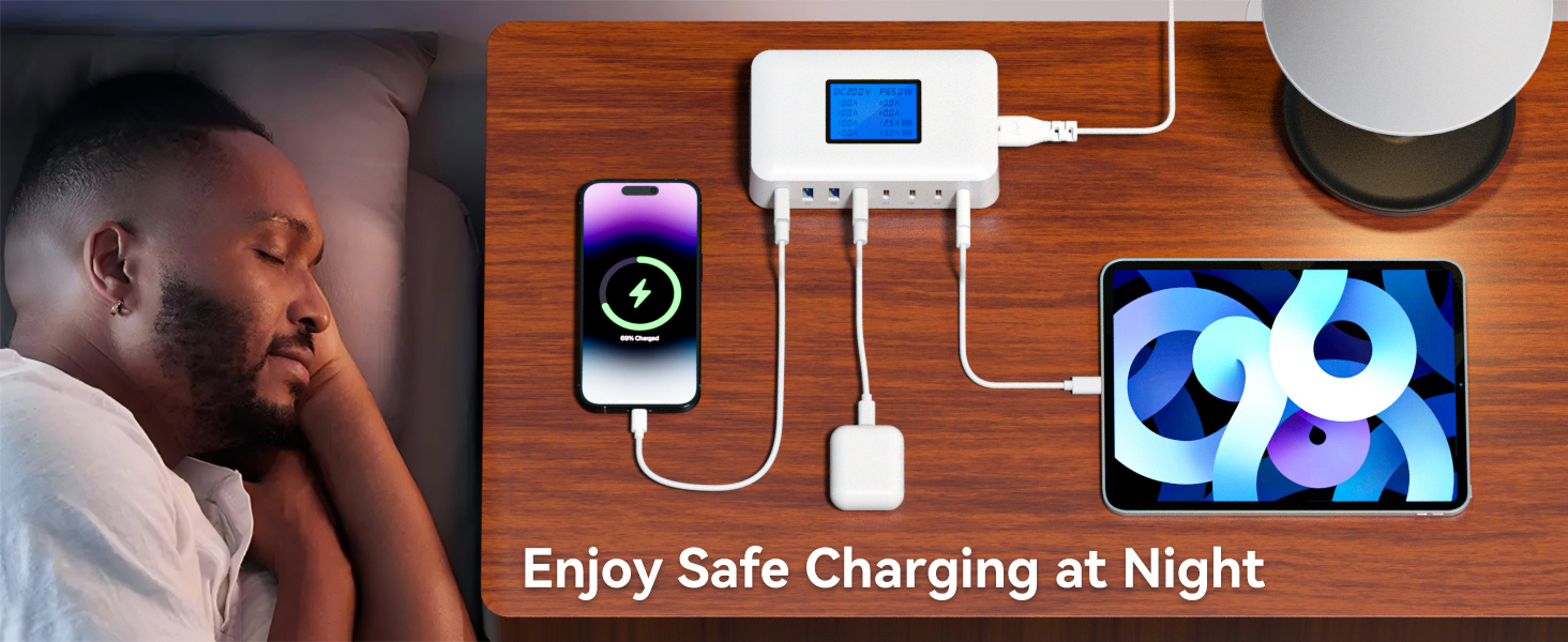 Зарядний пристрій USB-C 200W, 8 портів, LCD-дисплей, PD 65W для MacBook, iPad, iPhone 16/15/14/13 Pro/Max, Samsung S24/S23 - Чорний