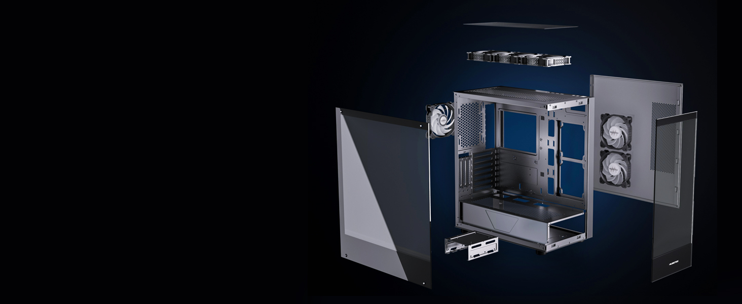 Корпус ПК MUSETEX K2: ATX Mid Tower з 7 PWM ARGB-вентиляторами, подвійне панорамне скло, Type-C, чорний (42.1 x 23 x 47 см)