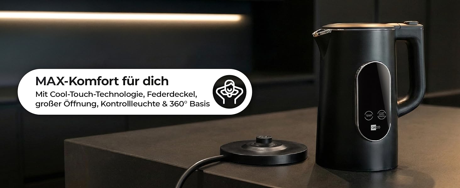 Електричний чайник Aeco AQA NEO з нержавіючої сталі, 1.7 л, 2150 Вт, без BPA, фільтр від накипу, бездротовий, CoolTouch, шампань срібло (Aqa Elite (чорний матовий))