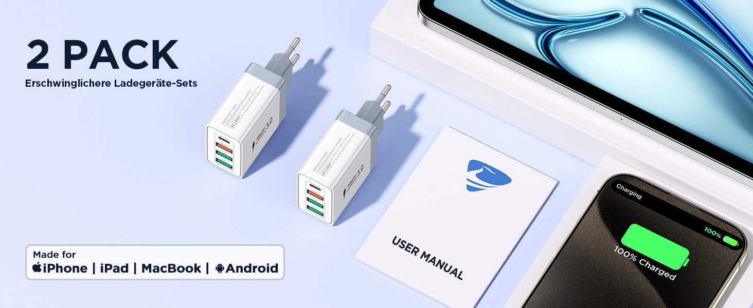 Подвійний USB зарядний пристрій 40W з 4 портами USB-C та USB-A, PD 3.0, для iPhone, Samsung та інших телефонів (2 шт. в упаковці, білий)