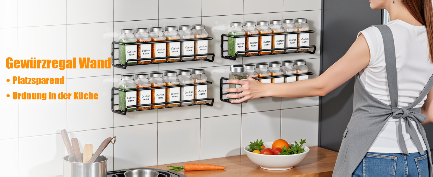 Спеція органайзер з 24 скляними баночками та етикетками, без свердління, настінний, підходить для стін та шаф, комплект з 4 шт.