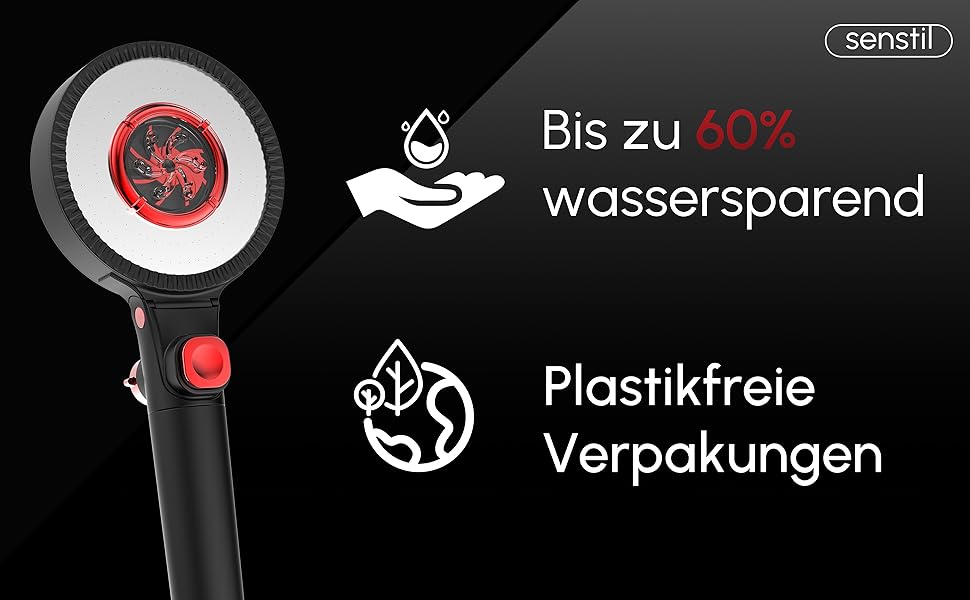 senstil® Premium Showerhead with Hose | Up to 60% Water-Saving Handheld Shower | 3 Spray Modes | SPA, Rain Shower, Booster | Optimal Water Pressure, Smart-Stop Button Saves Water & Energy (White) (Black Max)