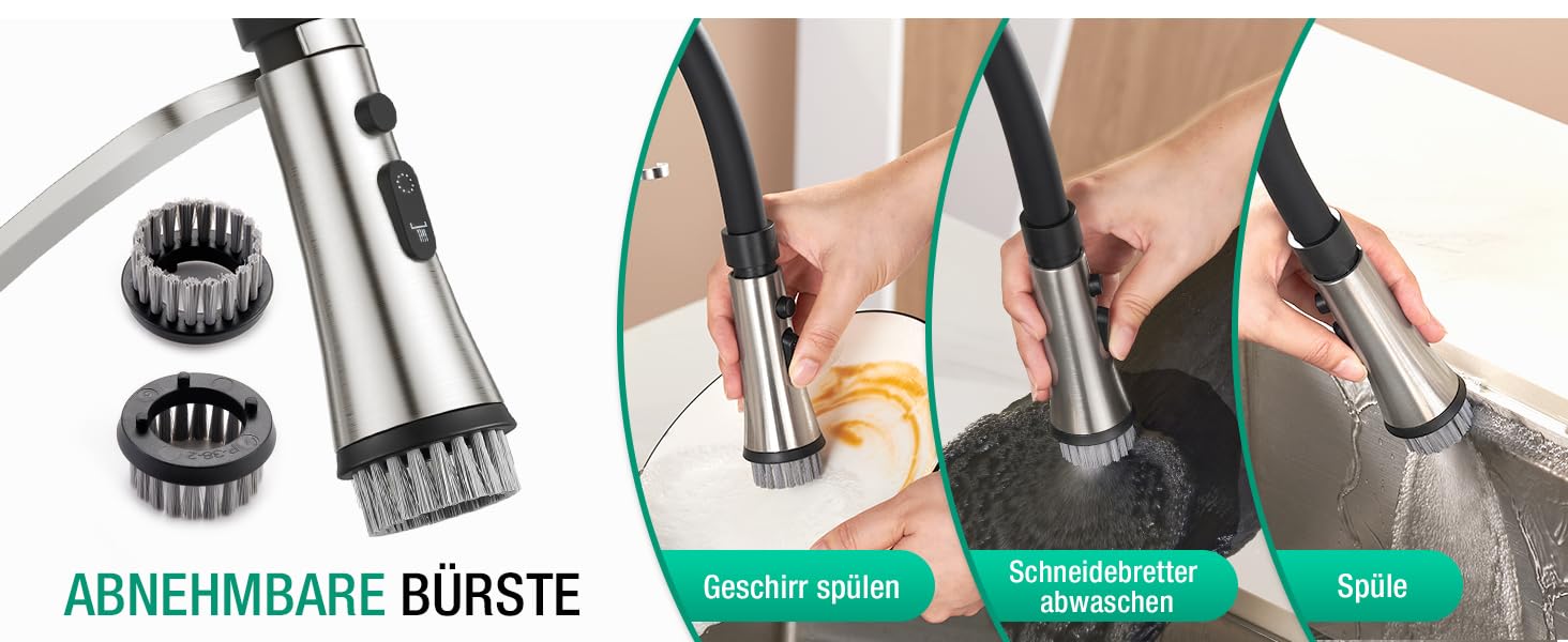 Кран кухонний CREA з 3 функціями: душ, висувна лійка, поворотний вилив, чорний, нержавіюча сталь