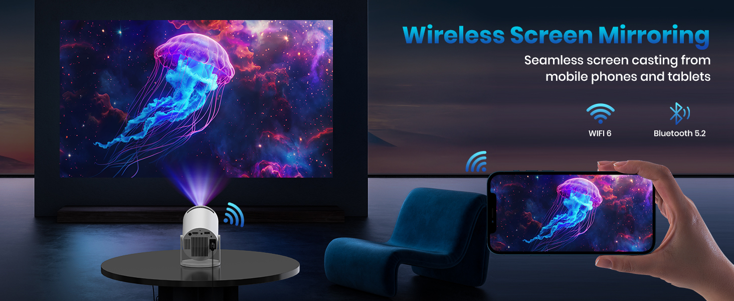 Портативний проєктор Mini Beamer 1080p з Wi-Fi та Bluetooth, сумісний з HDMI, смартфоном, USB, TV-Stick, для домашнього кінотеатру, чорний (Weiß)