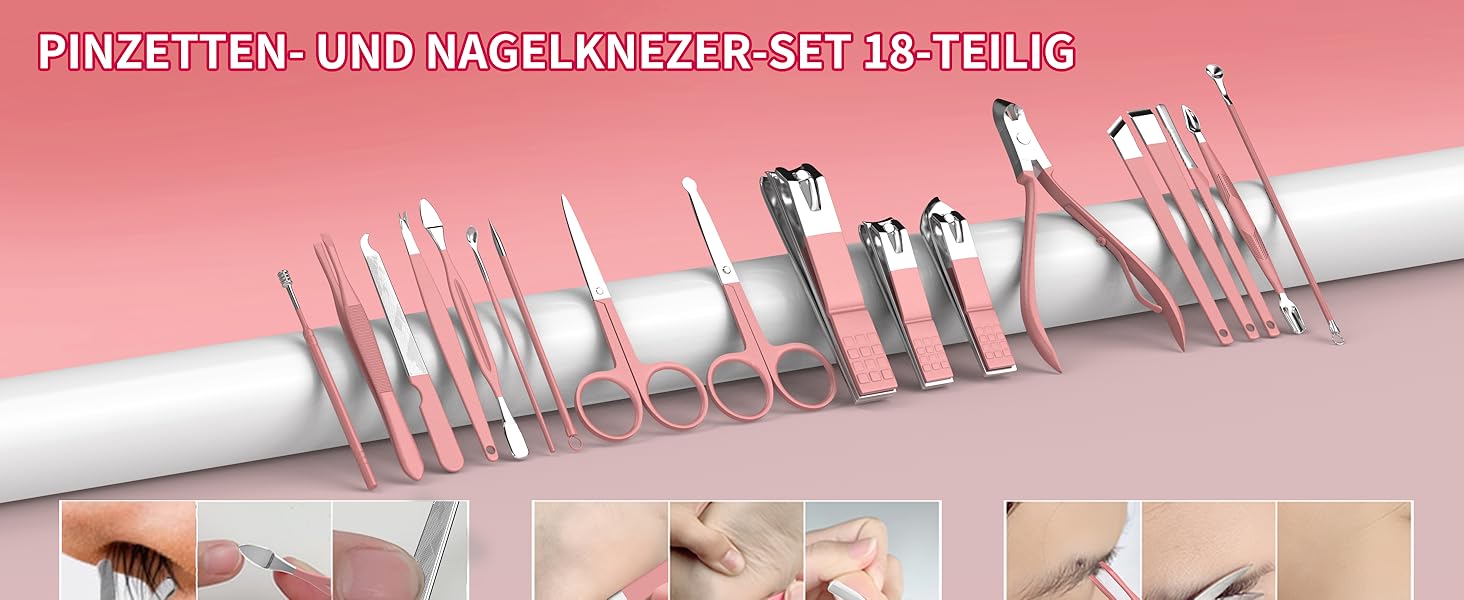 Набір для манікюру та педикюру ZIZZON 18 в 1 - Професійний набір для догляду за нігтями в рожевому кольорі з шкіряною косметичкою