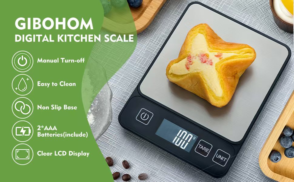 Кухонні ваги GIBOHOM: цифрові, 10 кг, точність 1 г, з нержавіючої сталі, LCD дисплеєм, функцією тарування, 6 одиниць вимірювання, з батарейками AAA, сріблясто-сірий колір