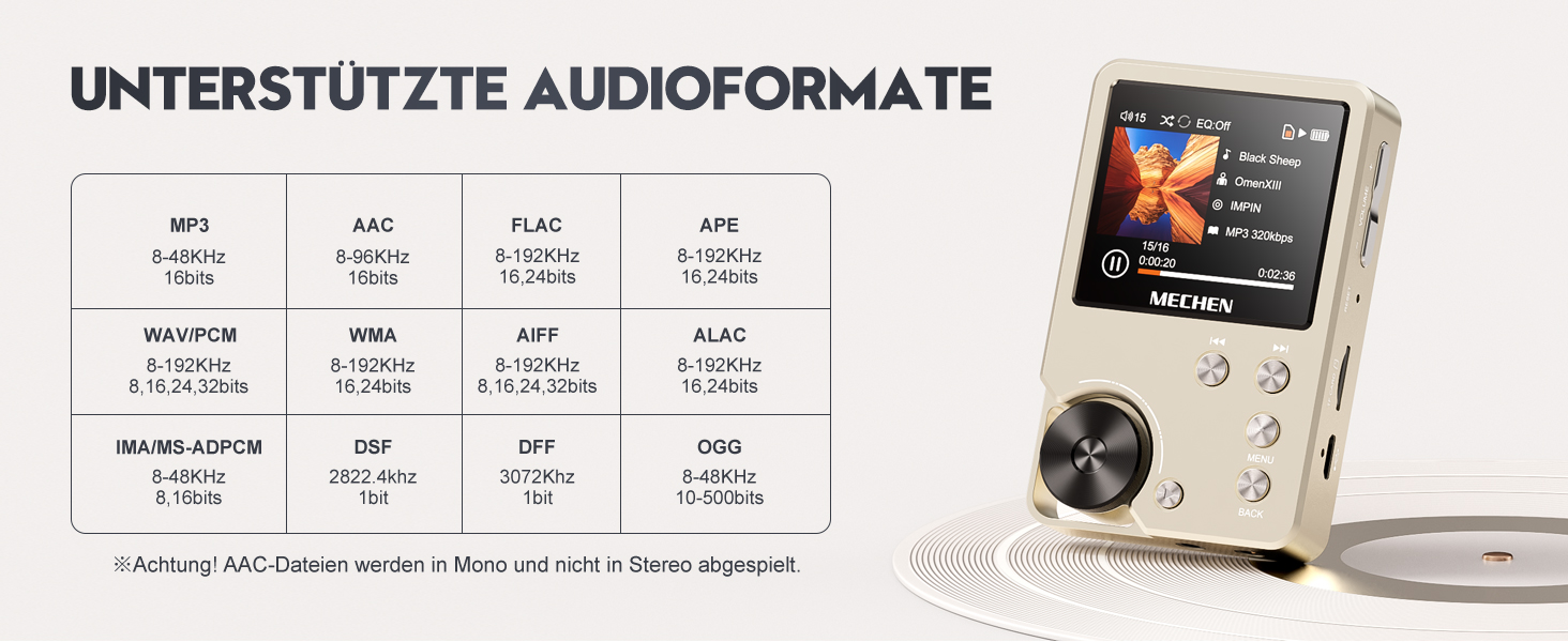 MECHEN M30: Аудіоплеєр Hi-Res MP3, DSD FLAC DAC з 64GB, підтримка до 256GB (Золотий)