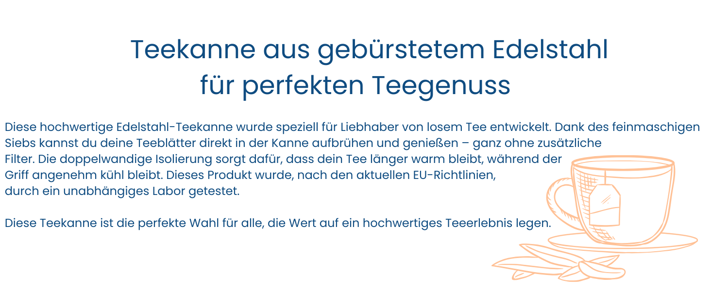 Заварник для чаю Teekanne з ситечком, 1 л, нержавіюча сталь, з функцією підігріву та пробковим підстаканником, двостінний чайник для листового чаю та трав'яних настоїв