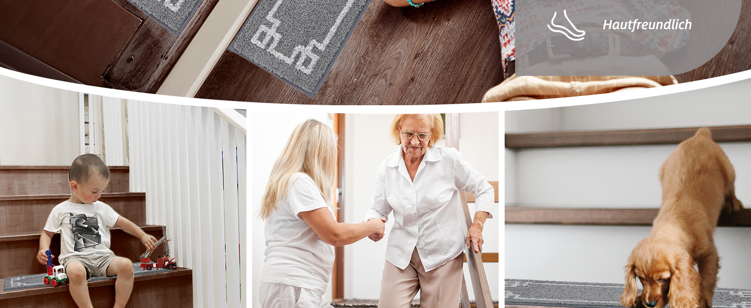 Килимочки на сходи BEQHAUSE, комплект 15 шт. Самоклеючі килимки на сходи для дітей, літніх людей та домашніх тварин, 100% поліестер, TPE-підкладка, 22x70 см (Сірий)