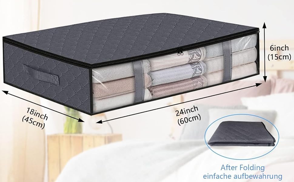 Коробки для зберігання під ліжком (3 шт.) з прозорим вікном та ручками - Складані контейнери для постільних речей, одягу, ковдр 60x45x15 см, темно-сірий