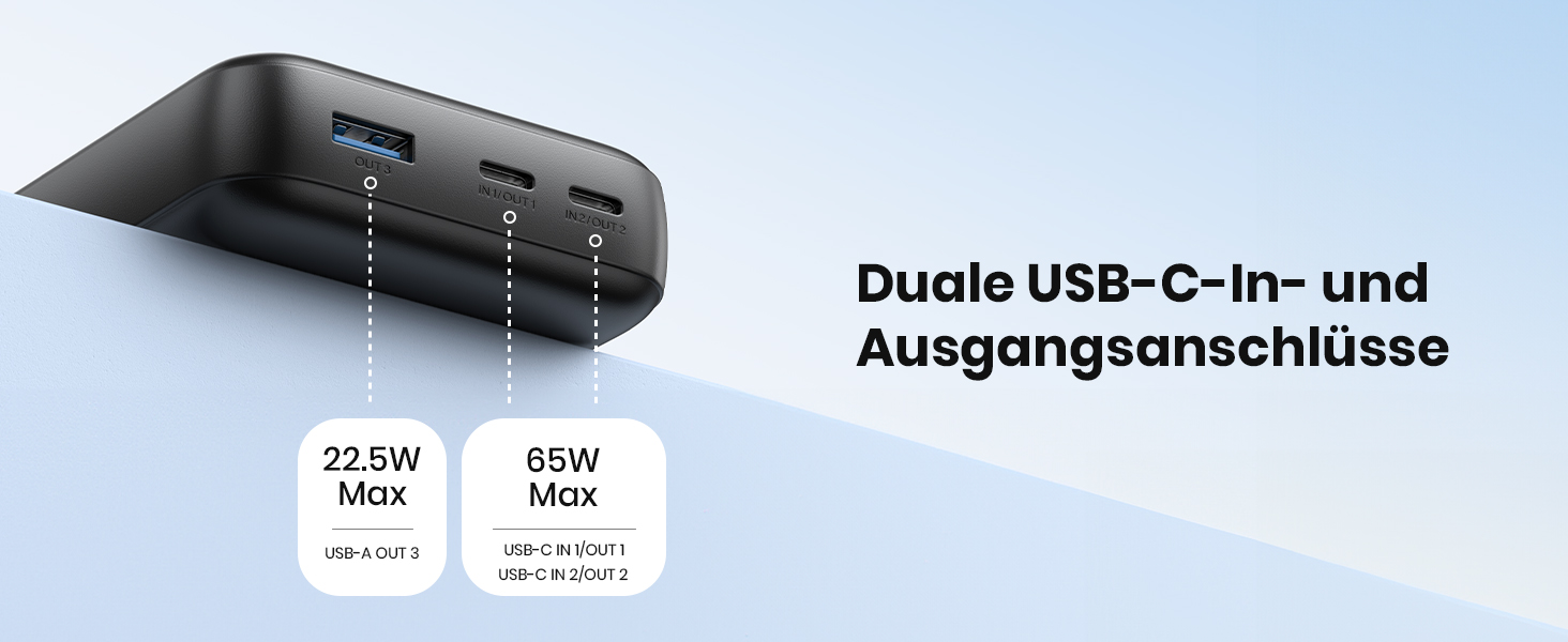 Power Bank A ADDTOP 20000mAh 65W: зарядний пристрій для ноутбука, iPhone, iPad. 2 USB-C, 1 USB-A. Чорний