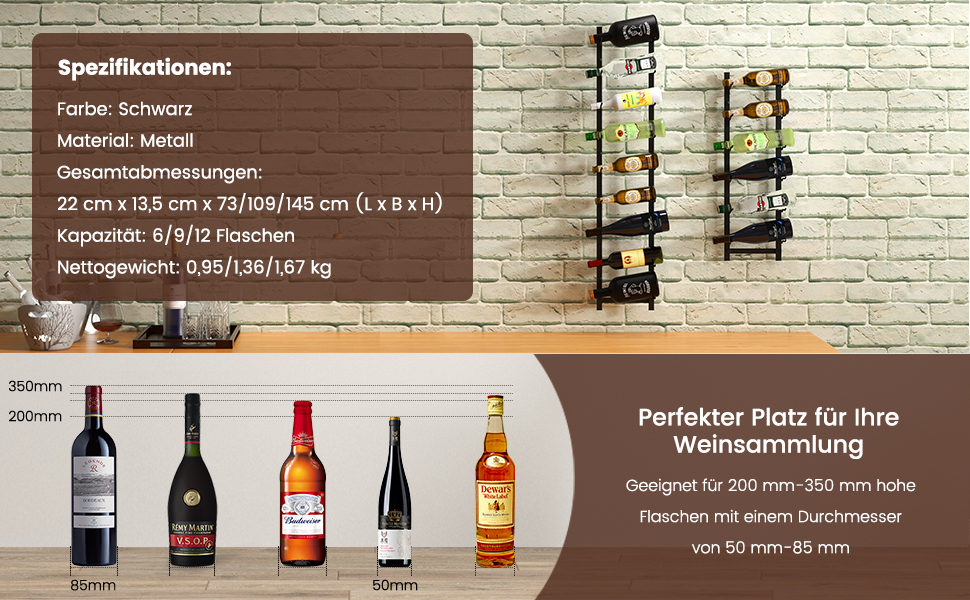 Стильна полиця для вина Costway на 6 пляшок, металева, чорна, індустріальний стиль