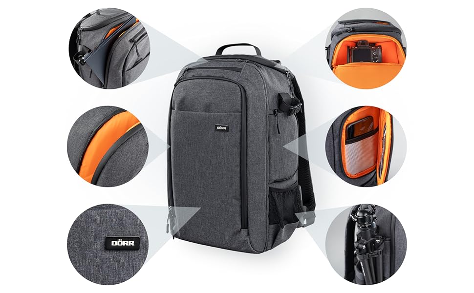 Рюкзак для фототехніки Dörr Prag Pro 20L та Prag Go 16L, водонепроникний, з відділенням для ноутбука 16 дюймів, для дзеркальних/зеркалоподібних камер, гнучкою внутрішньою перегородкою, тримачем для штатива, дронів, міцний та легкий, сірий