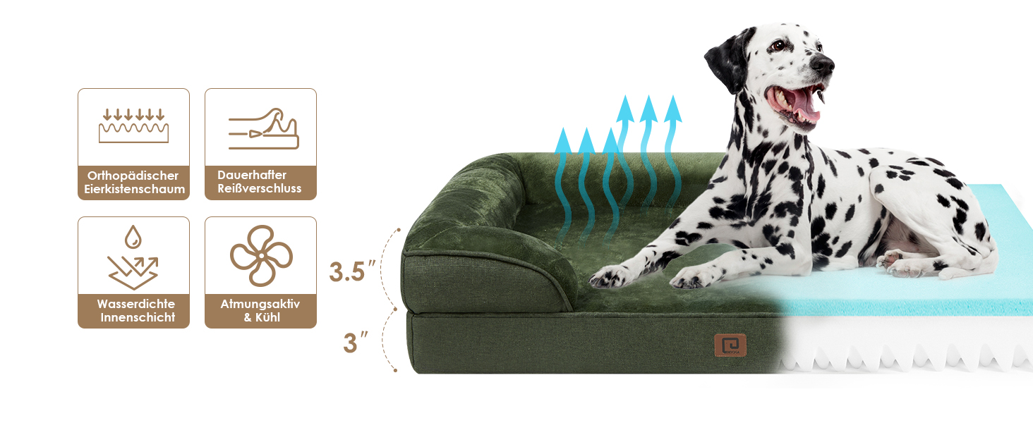 Ортопедичне ліжко для собак EHEYCIGA, 89x56 см, Memory Foam, для собак середніх та маленьких порід, вологостійке, з високим бортиком, темно-зелене