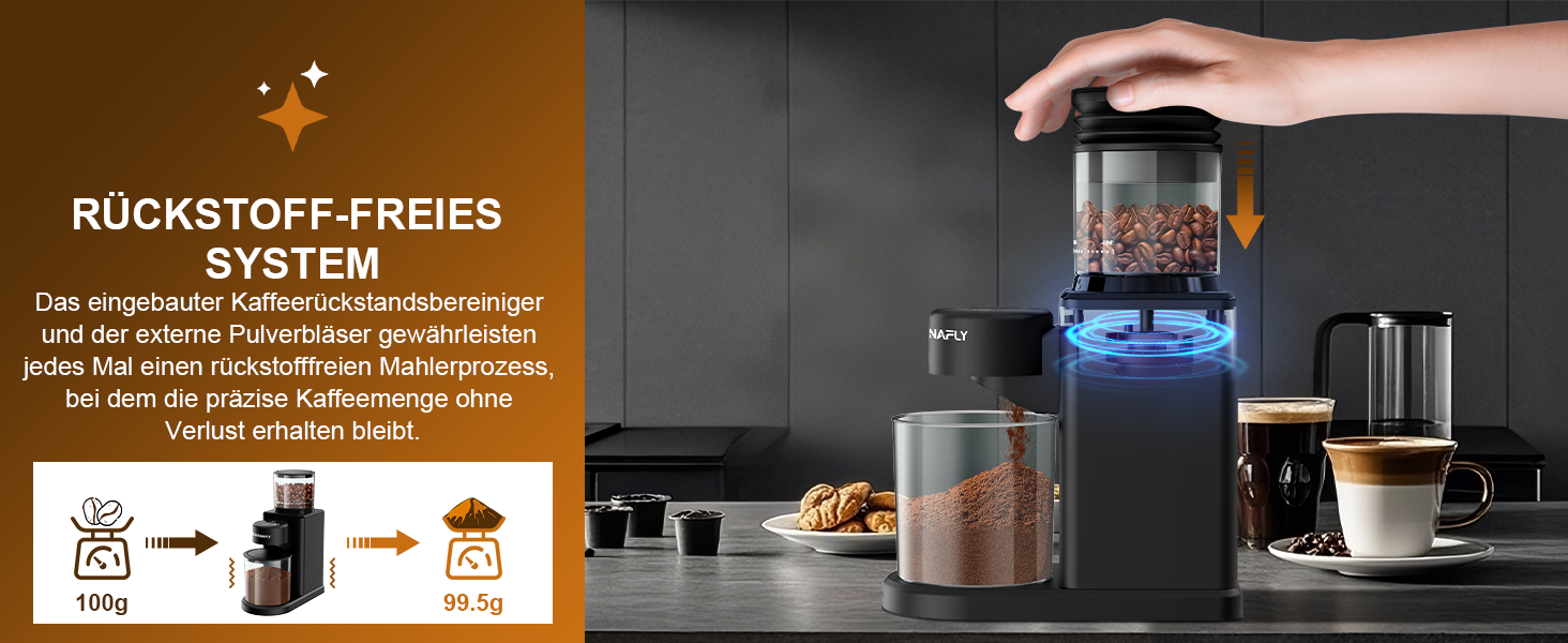 Електрична кавомолка з конічним жорнами – 25 ступенів помолу для еспресо, фільтр-кави, френч-прес, сенсорне управління, антистатична, чорна