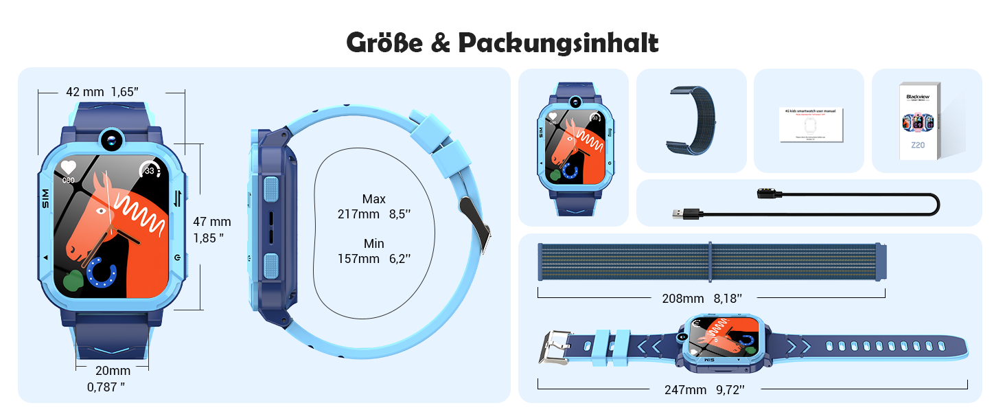 Дитячий розумний годинник Blackview з SIM-картою, GPS-трекером, SOS-кнопкою та функціями 4G (блакитний)