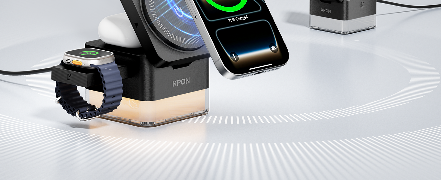 База для зарядки Apple Watch та iPhone KPON Magsafe 3-в-1, сумісна з iPhone 17/16/15/14/13/12/Air/Pro Max, Apple Watch 11/10/9, AirPods (Сірий/Чорний)