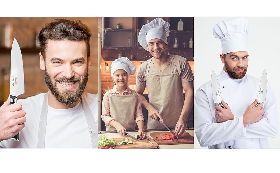 Кухонний ніж Chef's Path 20 см з німецької нержавіючої сталі — універсальний професійний ніж для м'яса, з ергономічною ручкою, чохлом і подарунковою коробкою, для різання та рубання