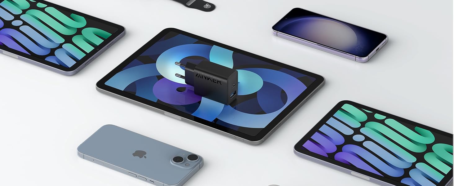 Зарядний пристрій Anker 20W USB-C, адаптер живлення для iPad, швидка зарядка, сумісний з iPhone 17/16/15, кабель USB-C (150см), чорний