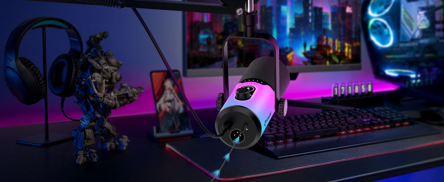 Ігровий мікрофон FDUCE з USB/XLR підключенням для стрімінгу, запису подкастів та співу з RGB-підсвіткою, регулятором посилення та навушниками (D20+)