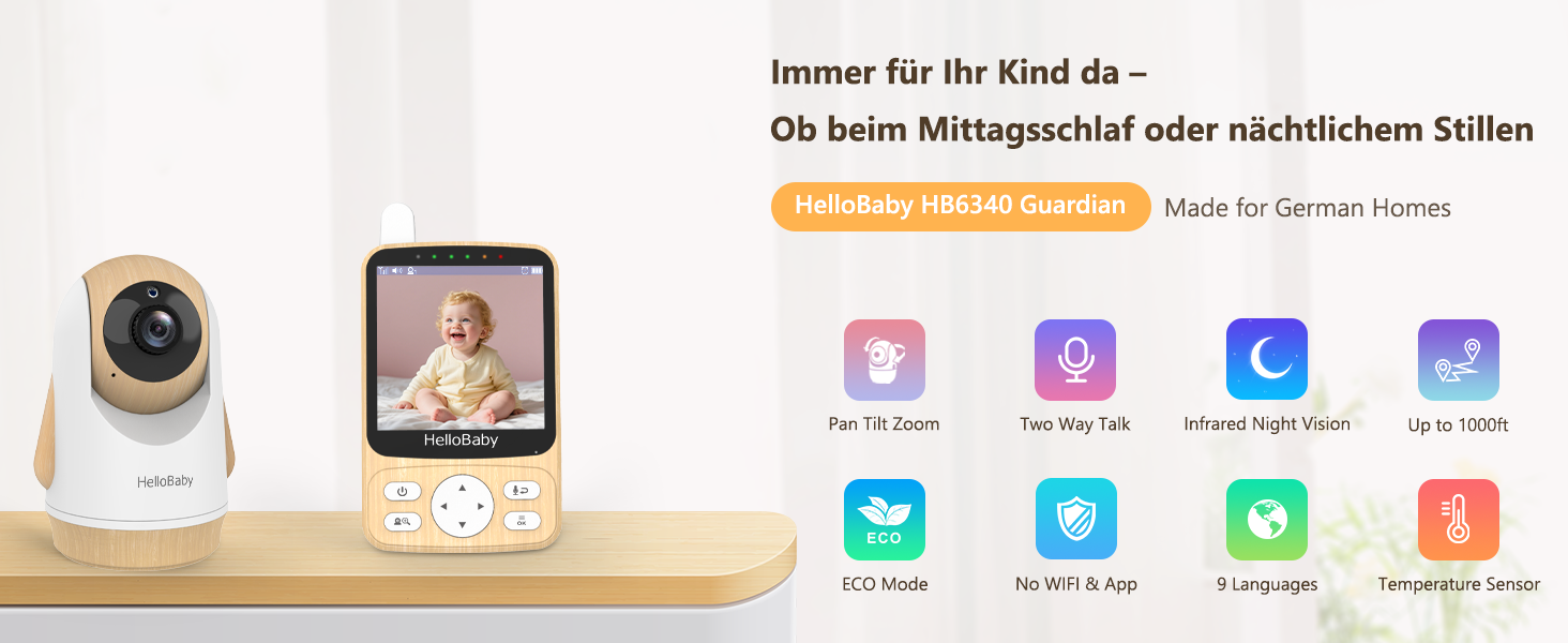 Дитячий відеоняня HelloBaby з камерою 3.2' Digital Funk TFT LCD, бездротовий монітор з нічним баченням, контролем температури та двостороннім зв'язком, білий (HB6340)