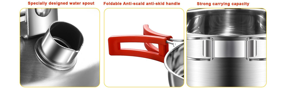 Набір посуду для кемпінгу з нержавіючої сталі 304, 1-2 особи. Посуд для туризму, похідний набір з каструлею, сковородою з антипригарним покриттям та чайником у сітчастій сумці