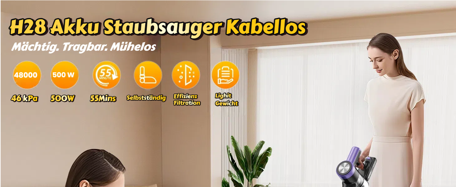 Бездротовий пилосос SUXIANGVAC 48KPa, 500W, 55 хвилин роботи, з док-станцією, LED дисплеєм, антизаплутана щітка, для шерсті тварин, килимів, твердих поверхонь, авто, фіолетовий