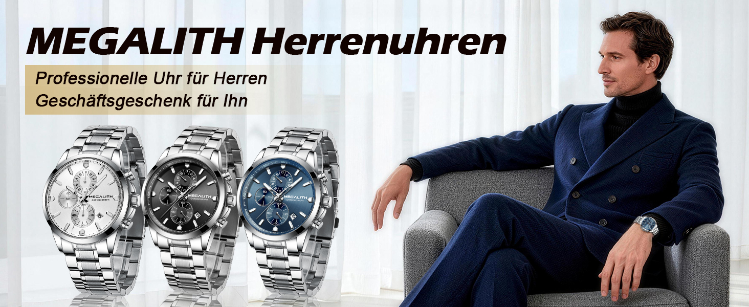 Чоловічий годинник MEGALITH з нержавіючої сталі, хронограф, водостійкий, аналоговий годинник для бізнесу, з календарем та підсвічуванням (B-silber-an)