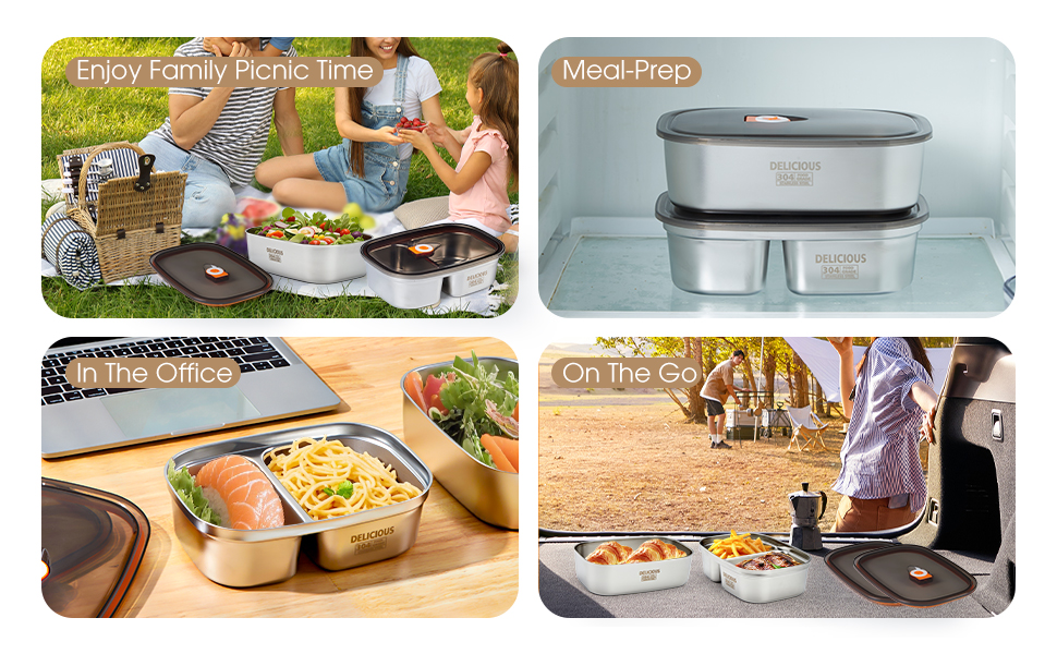 Набір ланч-боксів Kabbas Premium (2 шт.), 1.2L+1.7L, нержавіюча сталь 304, з відділеннями, не протікають, для дорослих та підлітків, легкі, ідеальні для школи, офісу, відпочинку на природі