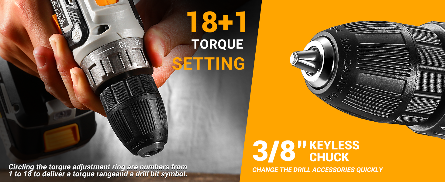 Акумуляторний шуруповерт DEKOPRO 20V 40 Nm: комплект з 2 акумуляторами, LED, 18+1 момент, для дому та DIY, сірий