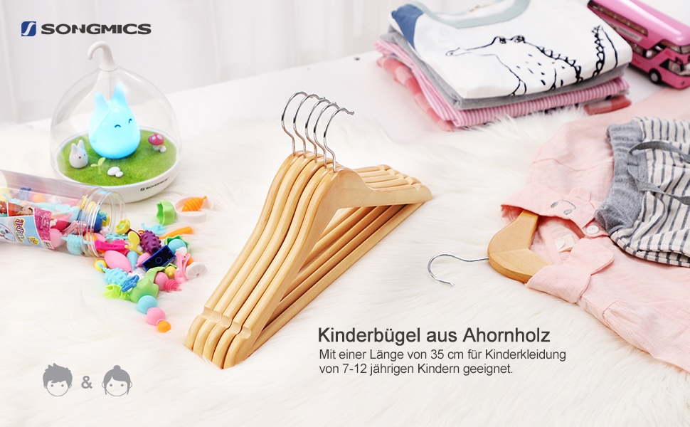 Дерев'яні вішалки для одягу SONGMICS для дітей, 10 шт., з перекладиною, затискачами, поворотний гачок 360°, довжина 35 см, білий CRW006W02